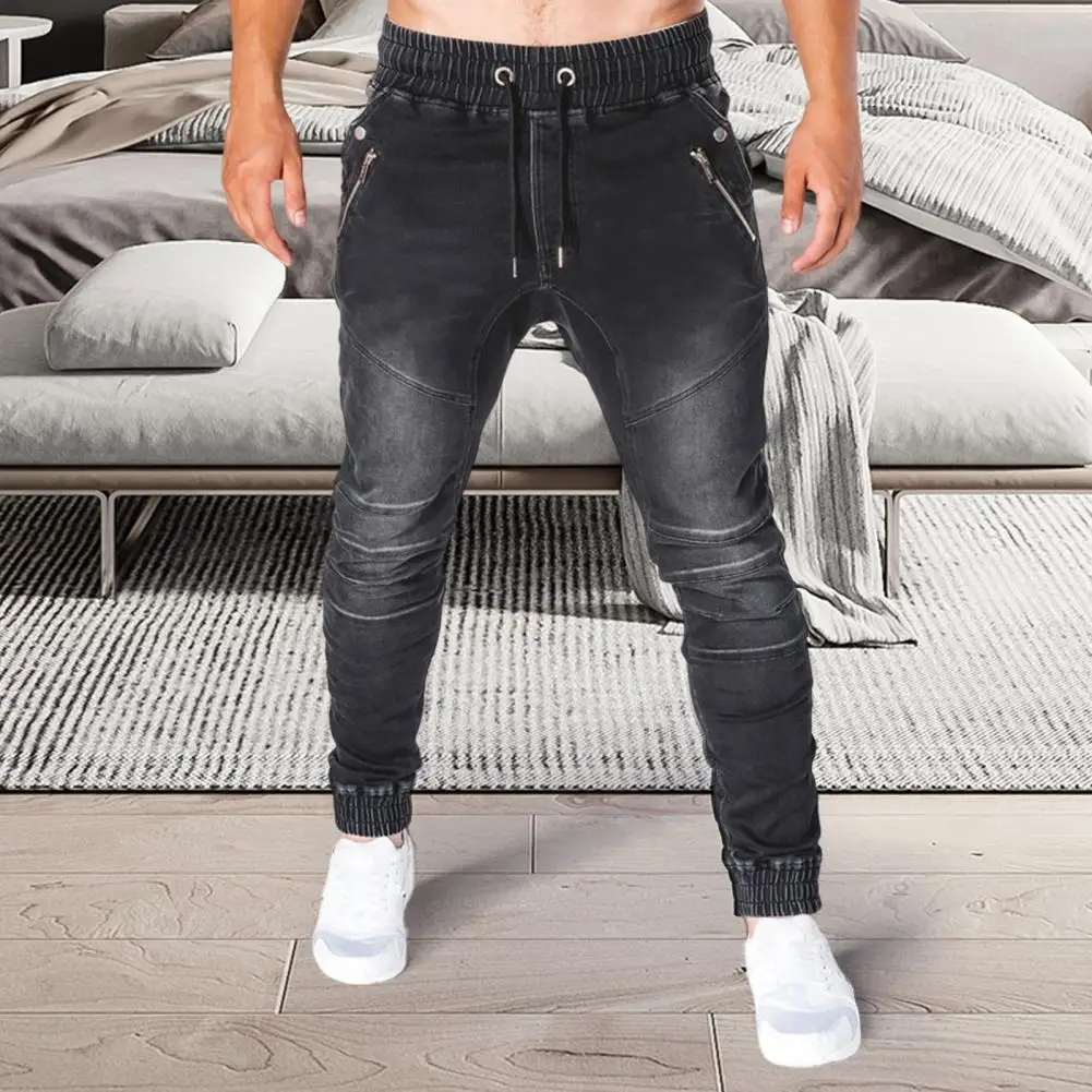 Men's Outdoor Summer Riding Jeans Motorpoof Jeans Skinny Jeans Fashion Pockets Denim Pencil Pants Ankle Tied Denim Trousers