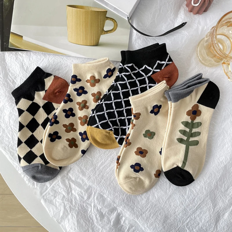 5 Pairs Women's Socks Set Flower Plaid Japanese Harajuku Cute Kawaii Sweet Short Tube Socks Comfortable Ankle Socks For Girl