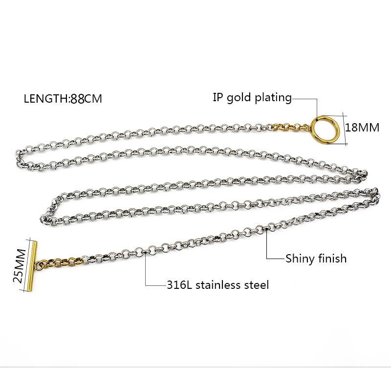 Minimalist OT Closure Stainless Steel 2-Tone Chunky Link Necklace for Women Men Geometric Shape Stones