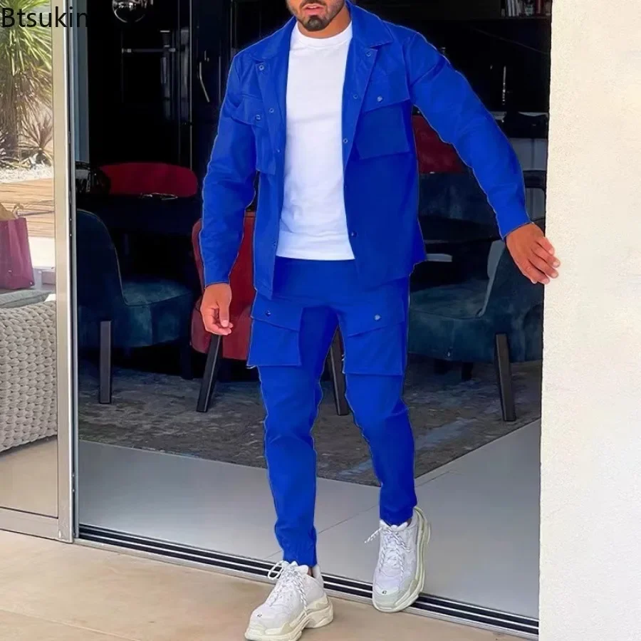 New Style Trend Men\'s Clothing Solid Casual 2 Pieces Men Long Sleeve Jacket+Leggings Pants Sets Fashion Streetwear Man Tracksuit