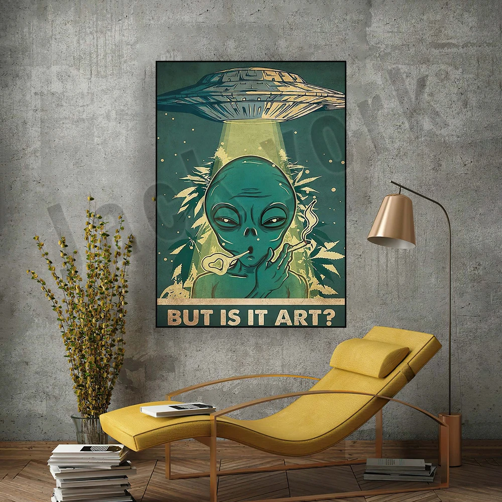 Cool UFO alien smoking weed poster, stoner decor, hippie decor, vintage art print, gift for weed smoker, funny UFO