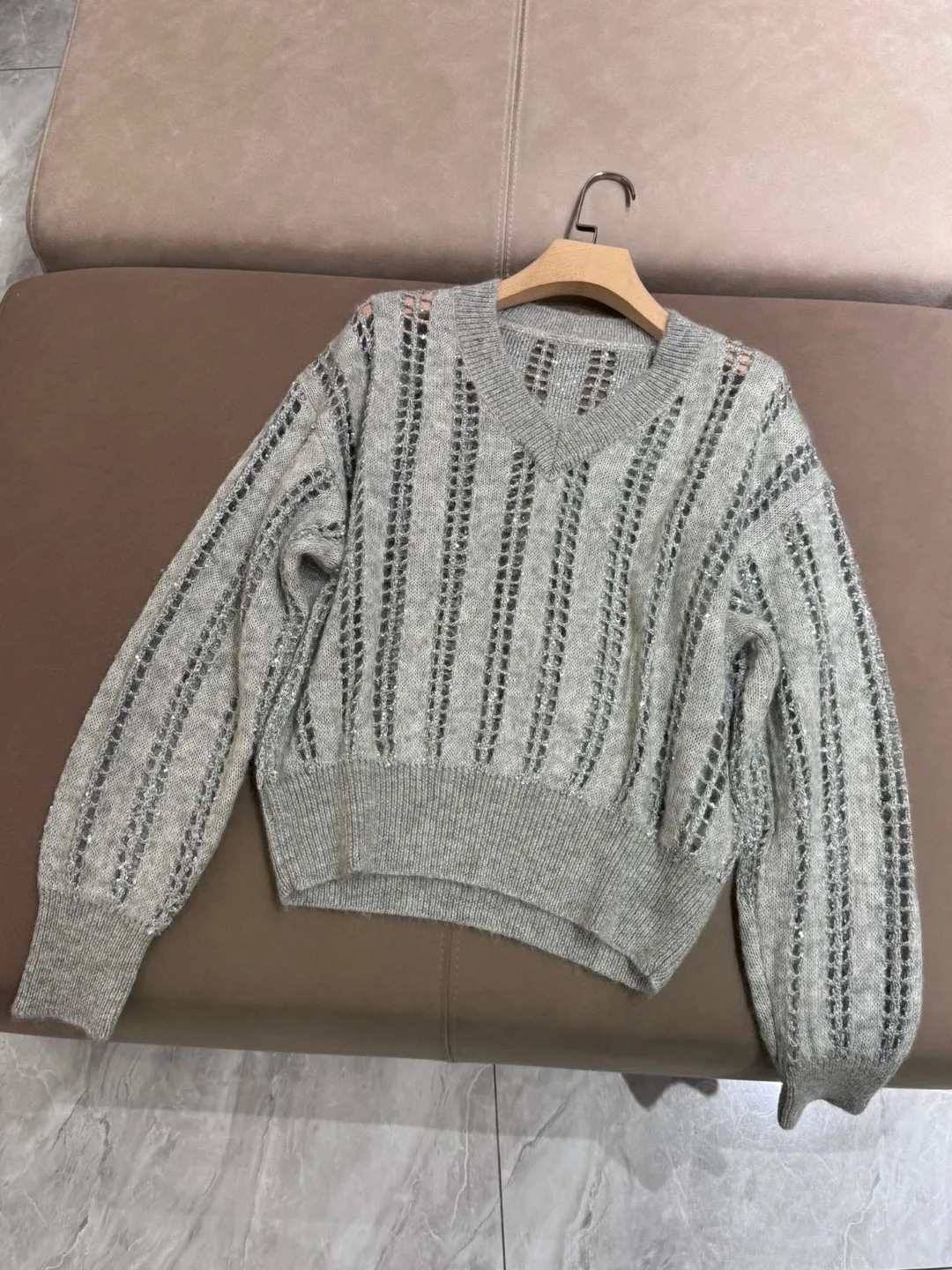 New Mesh Hollow V-Neck Wool Mohair Elegant Taste Temperament Knitted Sweater For Women