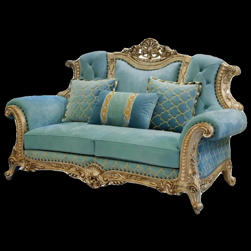 

French solid wood sofa luxury living room villa European sofa retro leather carving classical