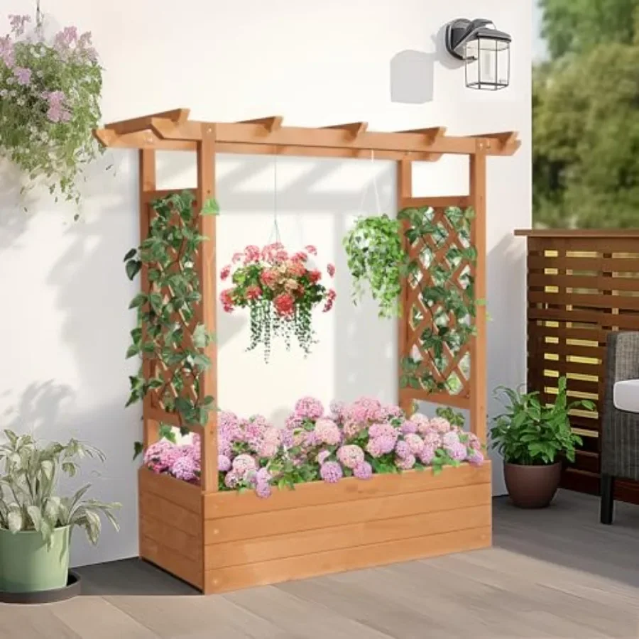 Garden arches for outdoor patio use, made of wood, natural brown color, sturdy climbing support with decorative trellis design