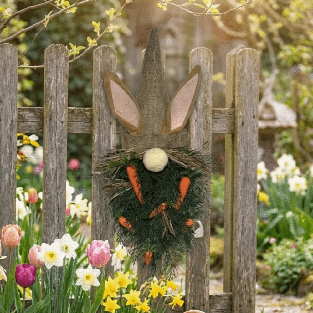 

Rustic Style Easter Gnome Pendant Plastic With Carrot Easter Bunny Wreath Handmade Artificial Garland Wedding Decor