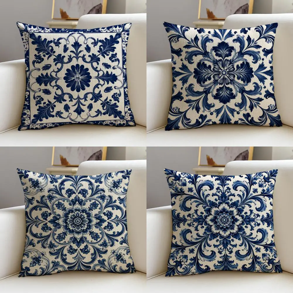 Blue Damask Elegance Cushion Cover 4Pcs Linen Throw Pillow Covers 40x40 45x45 Modern Home Decor
