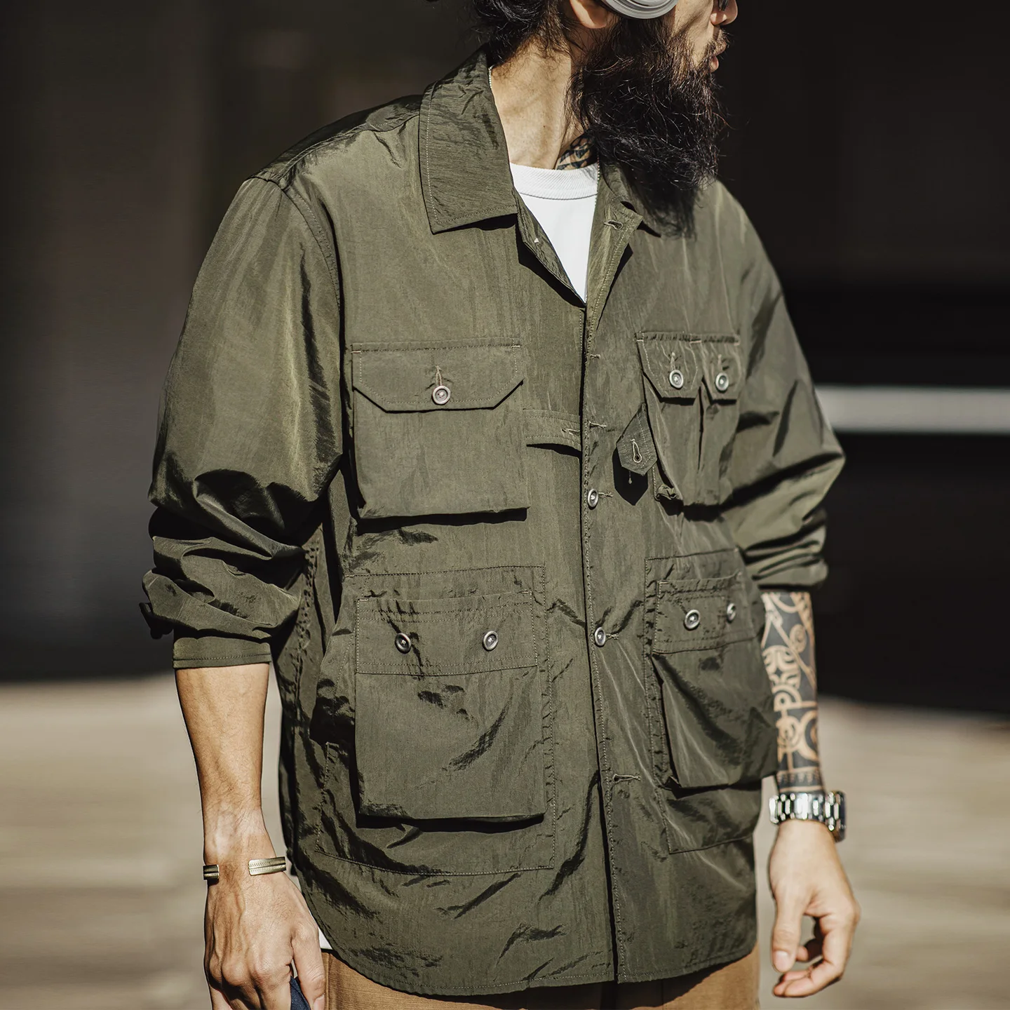 

Maden Men's Multi-Pocket Vintage Hunting Shirt Jacket Loose Fit Lightweight Long Sleeve Casual Workwear Coat Spring Green