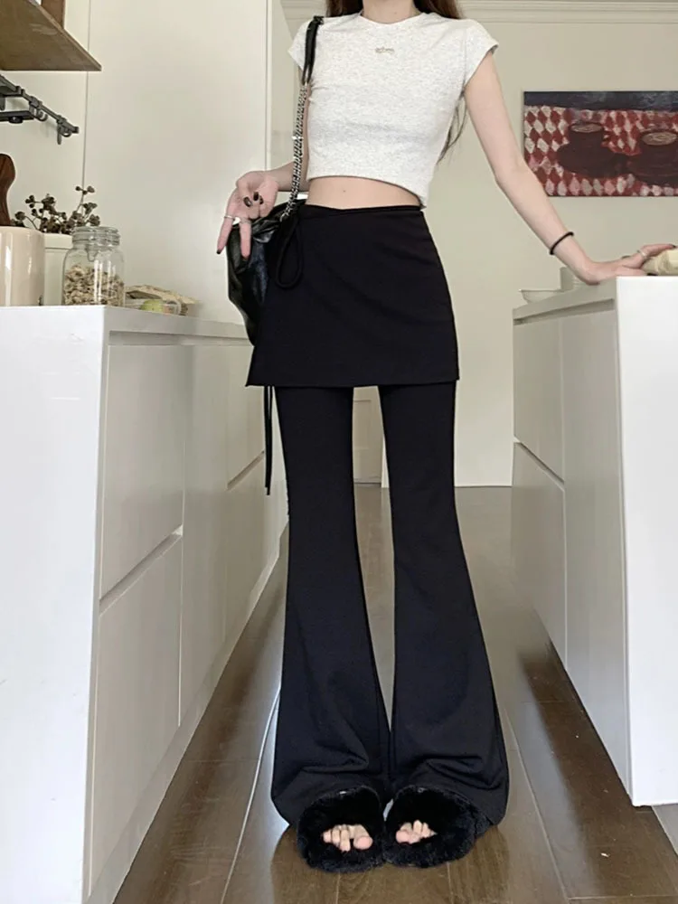 Chic Women Pants Fake Two Piece Patchwork High Waist Slim Flare Pants Black Streetwear Female Fashion Long Trouser