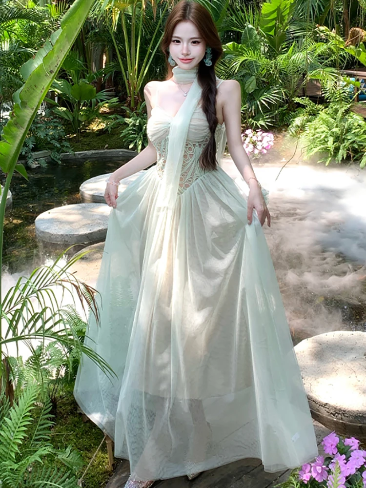 

Женское зеленое сетчатое платье с кружевными вставками и вырезами, сексуальное летнее элегантное вечернее платье класса люкс 2026, корейское винтажное платье для вечеринок