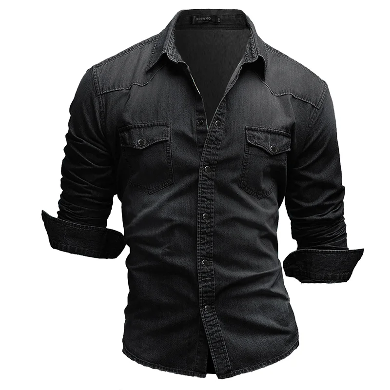 2023 Vintage Long Sleeve Denim Shirt Men Splicing Pocket Single-breasted Cardigan Tops Casual Blouse Youth Male Trend Streetwear