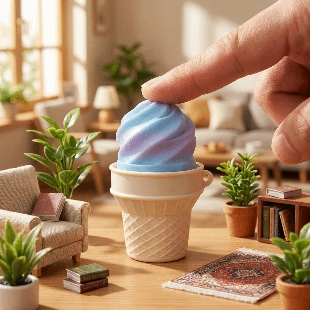 Cute 3D Printed Ice Cream Clicker Keychain Mini Figurine Push Pop Fidget Keychain Simulation Plastic Button Decompression Gift