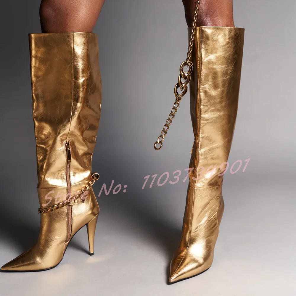 White Metal Chain Street Style Boots Women Fashion Back Zipper Heeled Knee Length Boots Lady Pointy Toe Retro Chic Modern Boots
