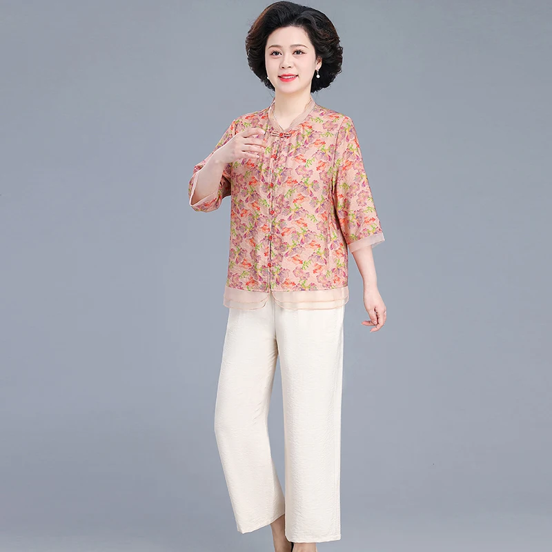 

New Chinese Sle Cotton Linen ort Sve Women's Top Bot Set for Middle-Aged And ly Spring Summer Faion Loose Fit