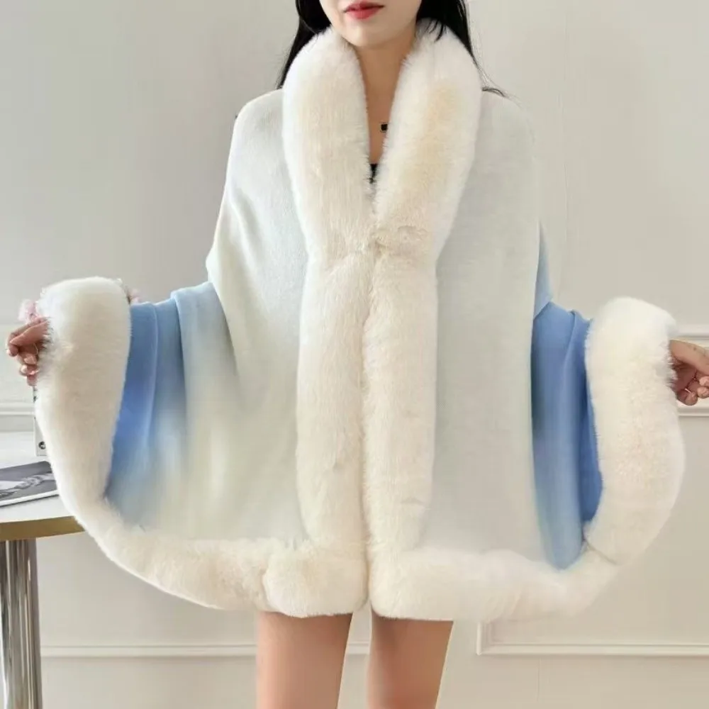 

Trendy Winter Warm Plush Shawl Gradient Color Elegant Faux Fur Collar Shawl Thicken Fluffy Cardigan Cape