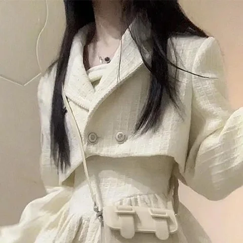 French Sweet Bra Fluffy Dress Coat Two Piece Set Women Fashion Spicy Girl Academy Solid Cute Korean Chic Slim Spring Lady Suit