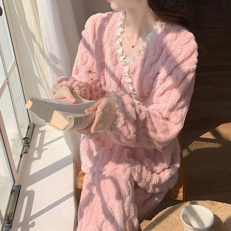 2024 New Autumn And Winter Ladies Coral Velvet Pajamas Cute Padded Thickened Pajamas Suit Flannel Homewear Suit