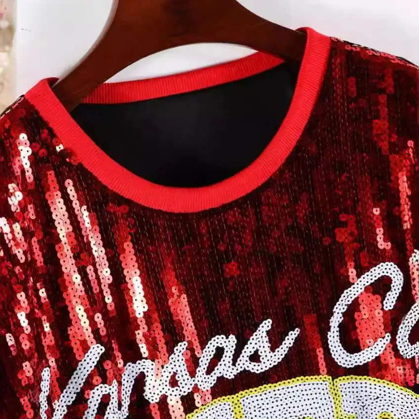 #0209 Red Hip Hop T Shirt Women Loose Letters Cartoon Split Joint Short Sleeve Shinny Sequins T Shirt Streetwear Baseball Tshirt