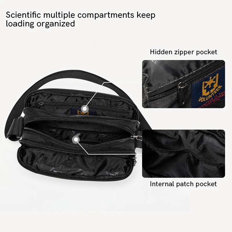 Volunteer Men\'s Casual Shoulder Crossbody Bag for Work Man Travel Hiking Oxford Cloth Zipper Commuter Sling Cross Bags 1829-11