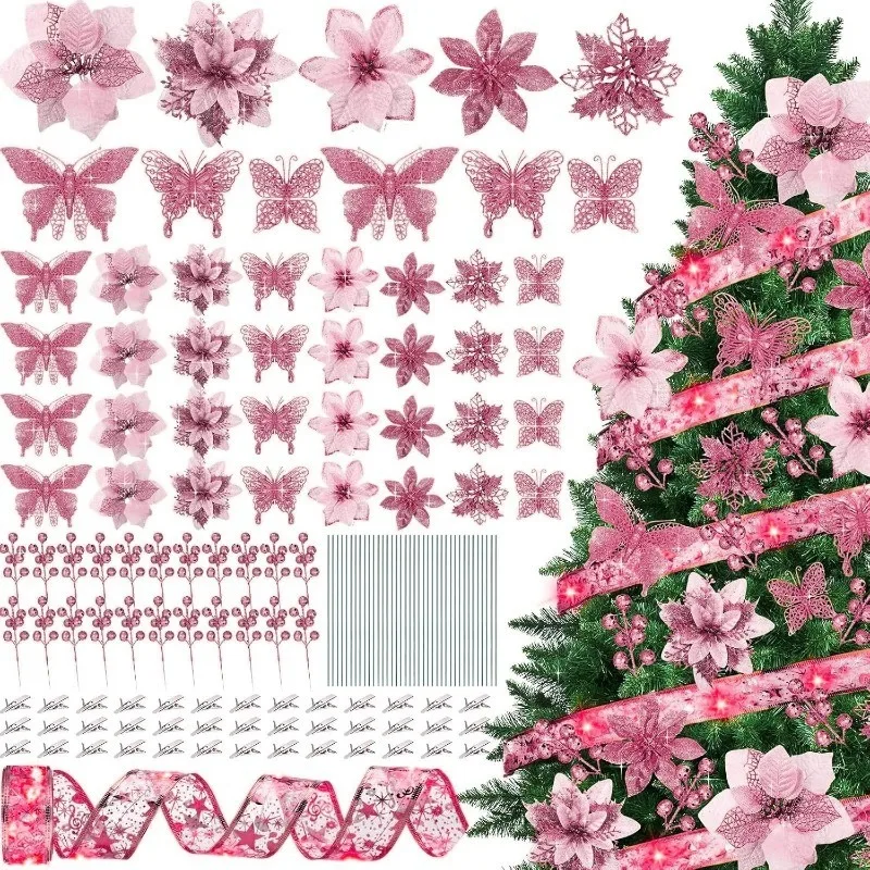 

10Pcs Pink Artificial Flowers Christmas Decoration Fake Flowers for Home Decor Xmas Tree Ornament DIY Garland Gifts Accessories