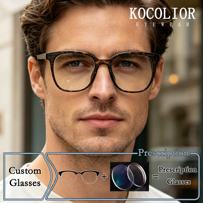 Vintage Imitation Wood Texture Black Square Anti Blue Light Custom Prescription Glasses for Men Women Minimalist Matte Frame