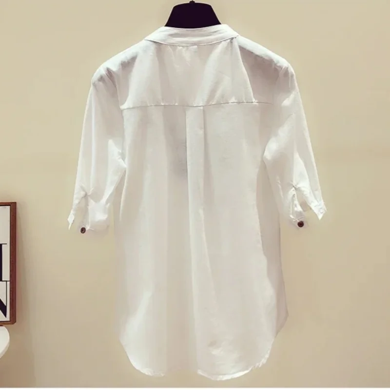 Women Blouses Loose Shirts Cotton White Elegant Embroidery V-Neck Tops 2024 Summer New Clothes 3140