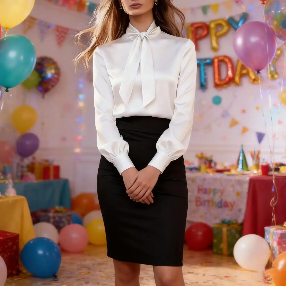 새틴 여성 봄 가을 스타일 블라우스 셔츠 여성 캐주얼 긴팔 보타이 칼라 블루사 탑