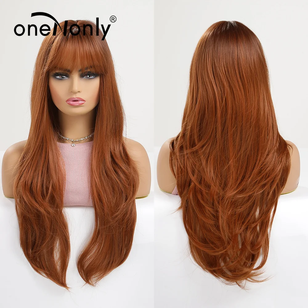 oneNonly Orange Ginger Synthetic Wig with Bangs Long Wavy Wigs Natural Wig Woman Ladies Lolita Daily Hair