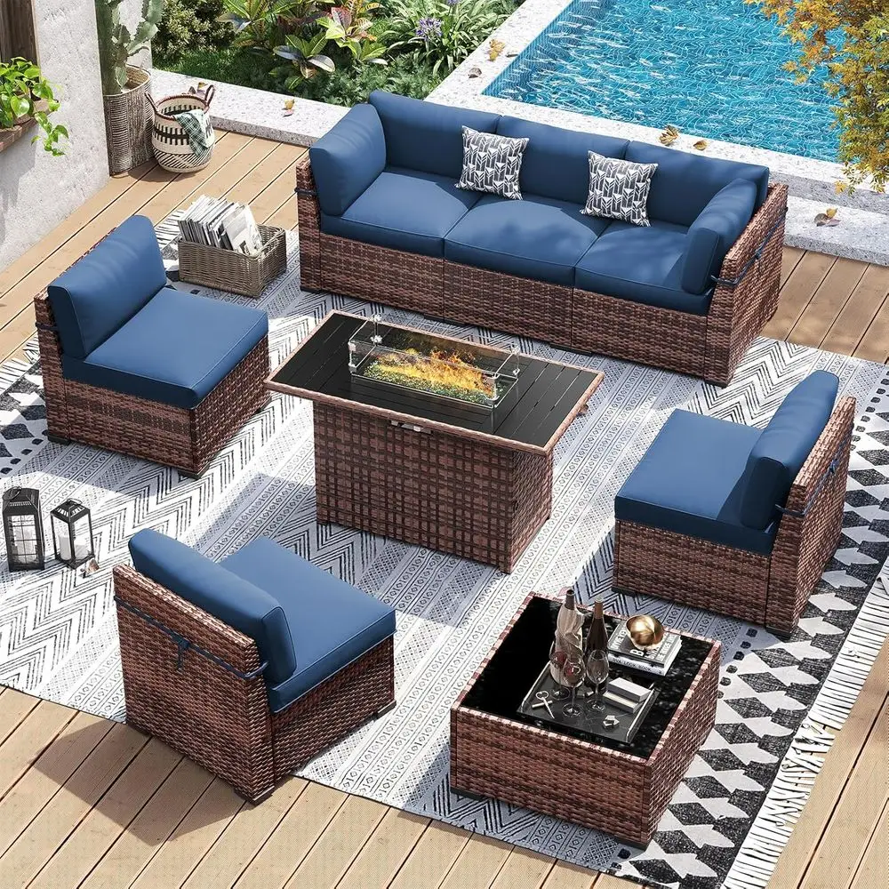 

44 Fire Pit Patio Furniture Set with Slanted Back Sectional Sofa, 8-Piece Outdoor PE Rattan Seating with Blue Cushions