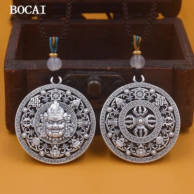 BOCAI New S999 Pure Silver Retro Yellow God Of Wealth Eight Treasure Compass Pendant Men's and Women's Styles