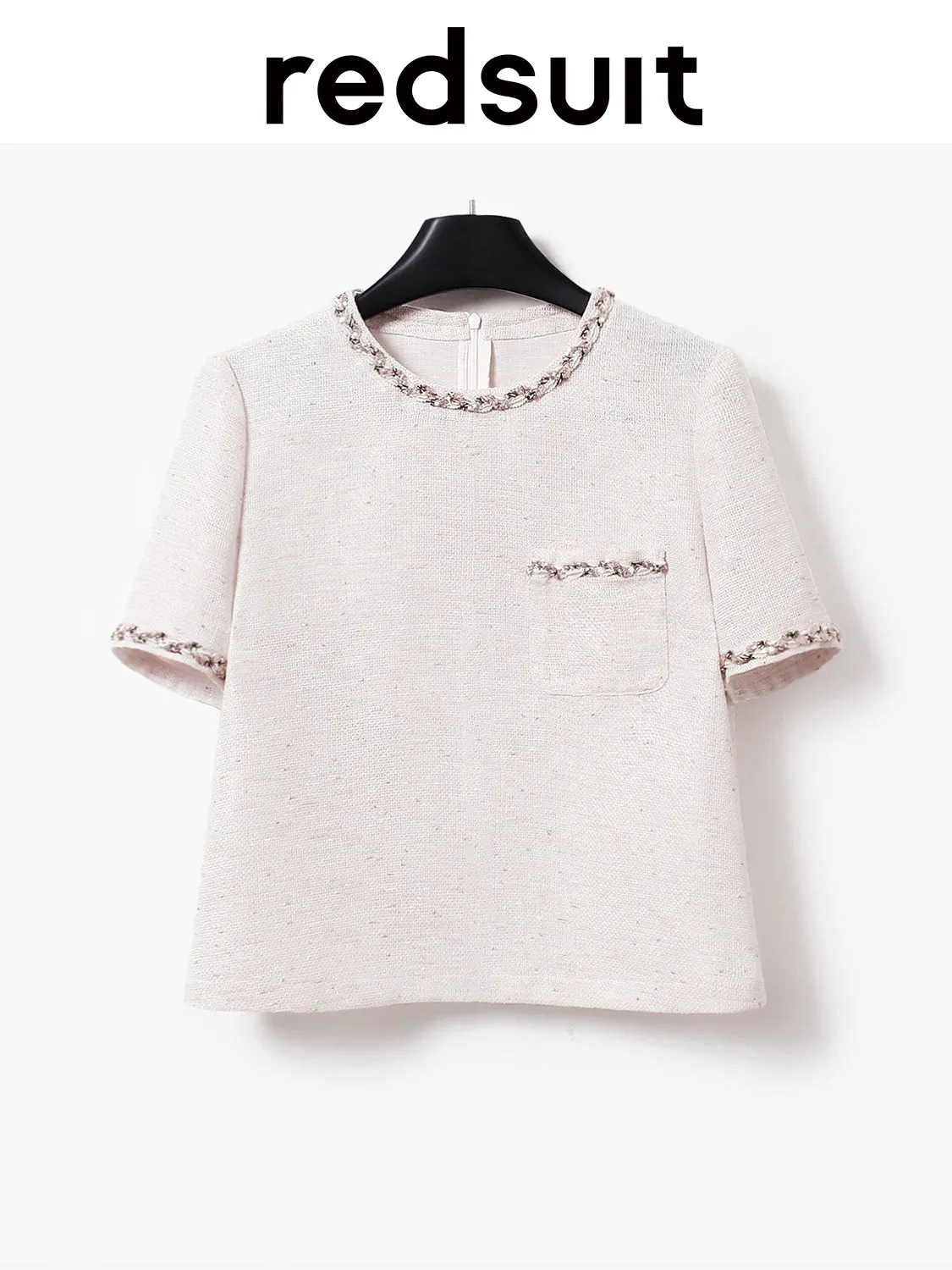 New Elegant and exquisite pink lightweight tweed round neck short sleeved top Custom Size