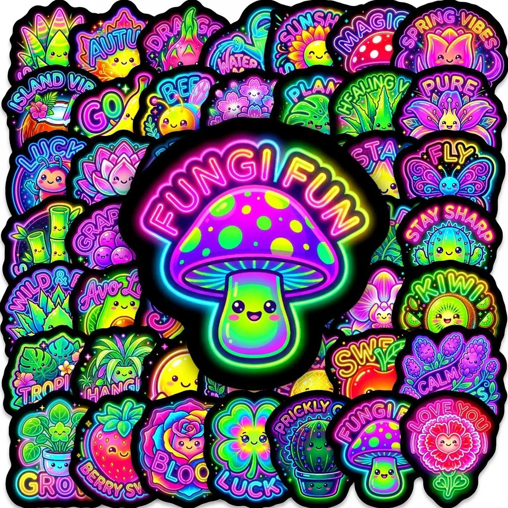 50Pcs Neon Fluorescent Plant & Fruit Stickers, Cute Cartoon Dopamine Style Decals for DIY Decoration Papery Pop Store