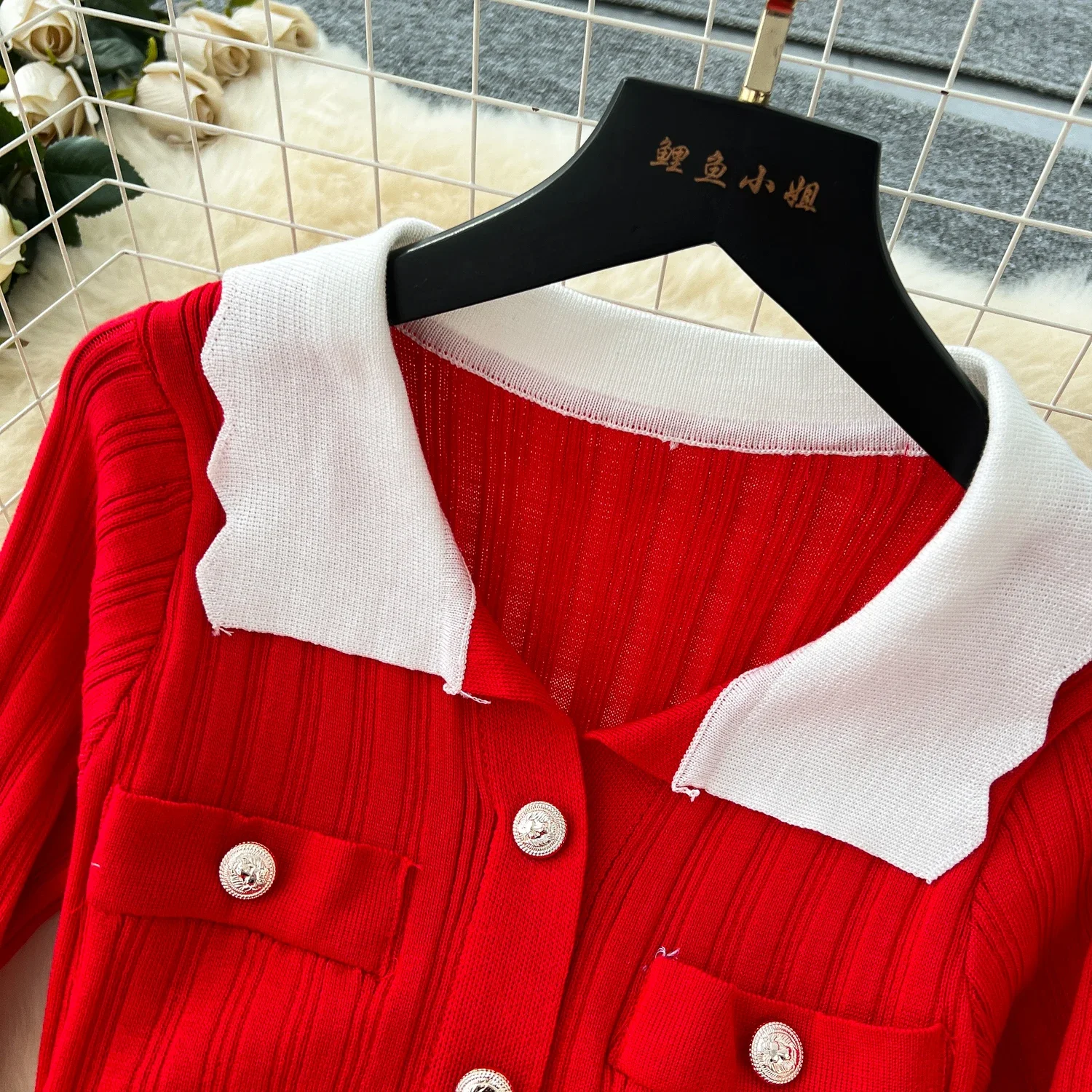 Elegant Turn-down Collar Long Sleeve Chic Metal Buckle Slim Vertical Striped Knitted Dresses Evening High Street Winter Clothing