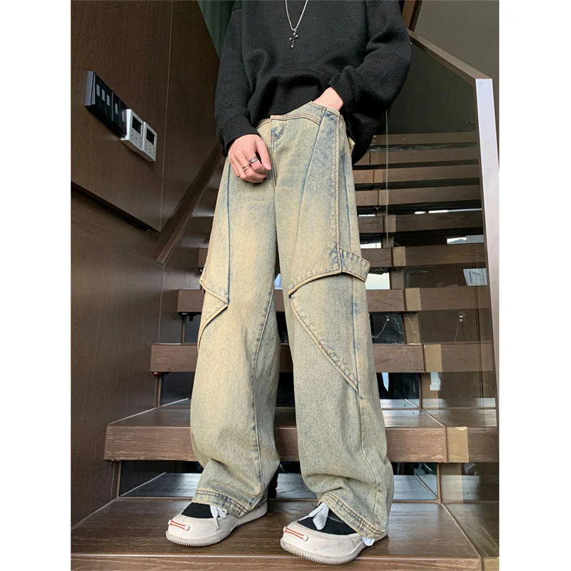 

Oversize Straight Leg Jeans Men's Autumn High Street Yellow Mud Color Workwear Pants Loose Fit Durable Youth Faion