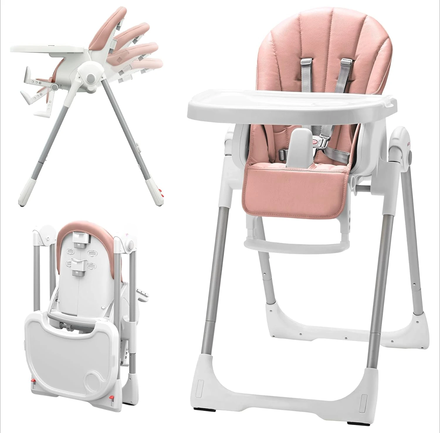 3-in-1 Foldable Baby High Chair | 7 Height & 4 Recline Adjustable | Removable Seat & Tray for Easy Clean | 2 Locking Wheels