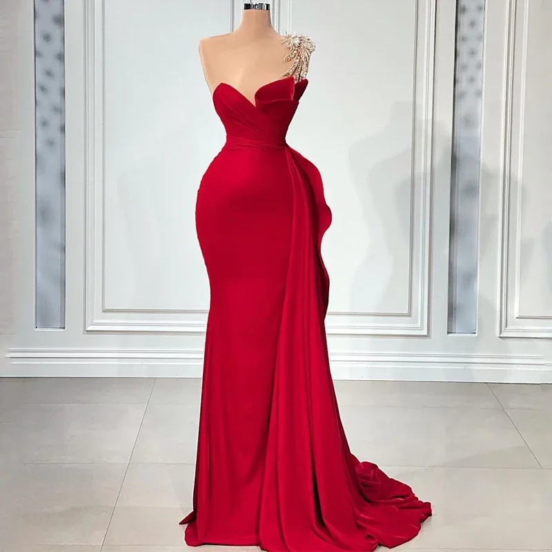 

Customized New Luxury Red Crystal Bead Cocktail Party Dress Strapless Sweetheart Backless Saudi Arabia Dubai Party Evening Dress