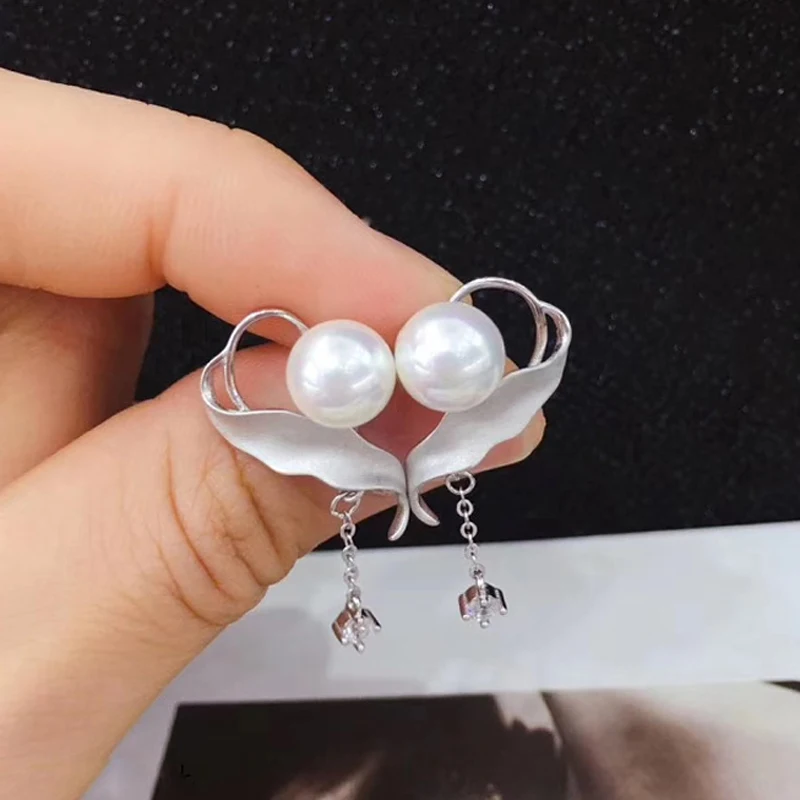 MeiBaPJ 8-9mm Natural White Semiround Pearls Fashion Drop Earrings 925 Silver Empty Tray Fine Wedding Jewelry for Women