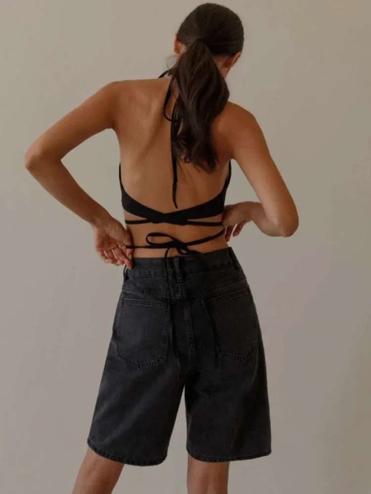 High Waist Women's Denim Shorts Fashion Vintage Casual Loose Black Shorts Summer High Street Oversize Straight Wide Leg Pants