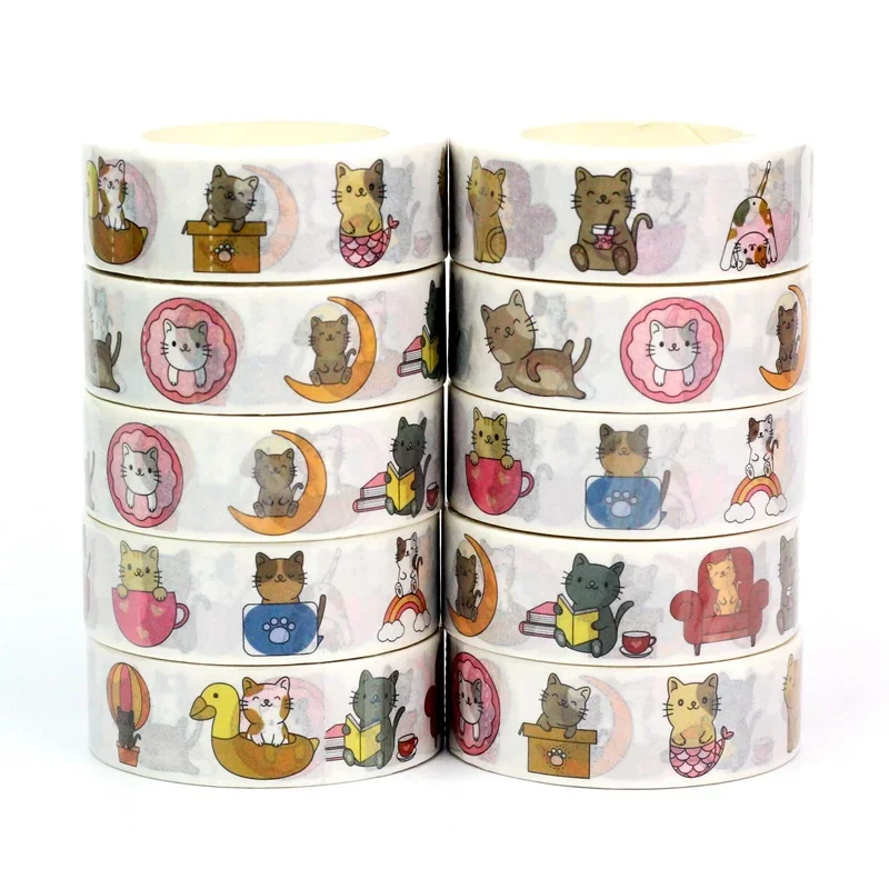 Cat Yoga e Emoções Fita Adesiva, Fitas Washi Planas para Planejador de Scrapbooking, Papel Bonito, Deco, Atacado, 10Pcs por lote