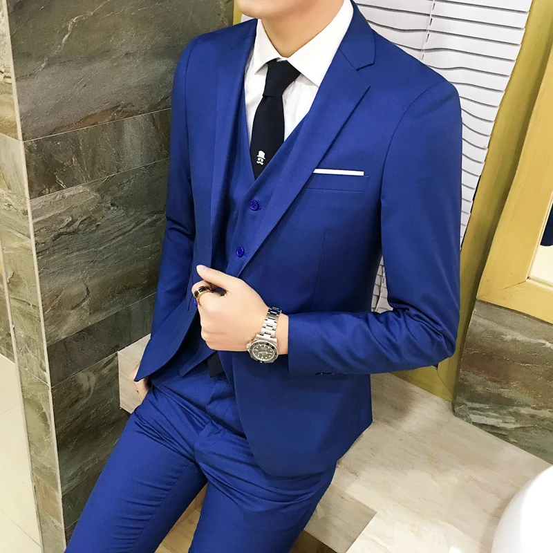 Suit Vest Pants 3 Pcs Set / 2023 Fashion New Men\'s Casual Boutique Business Solid Color Wedding Groom Suits Trousers Waistcoat