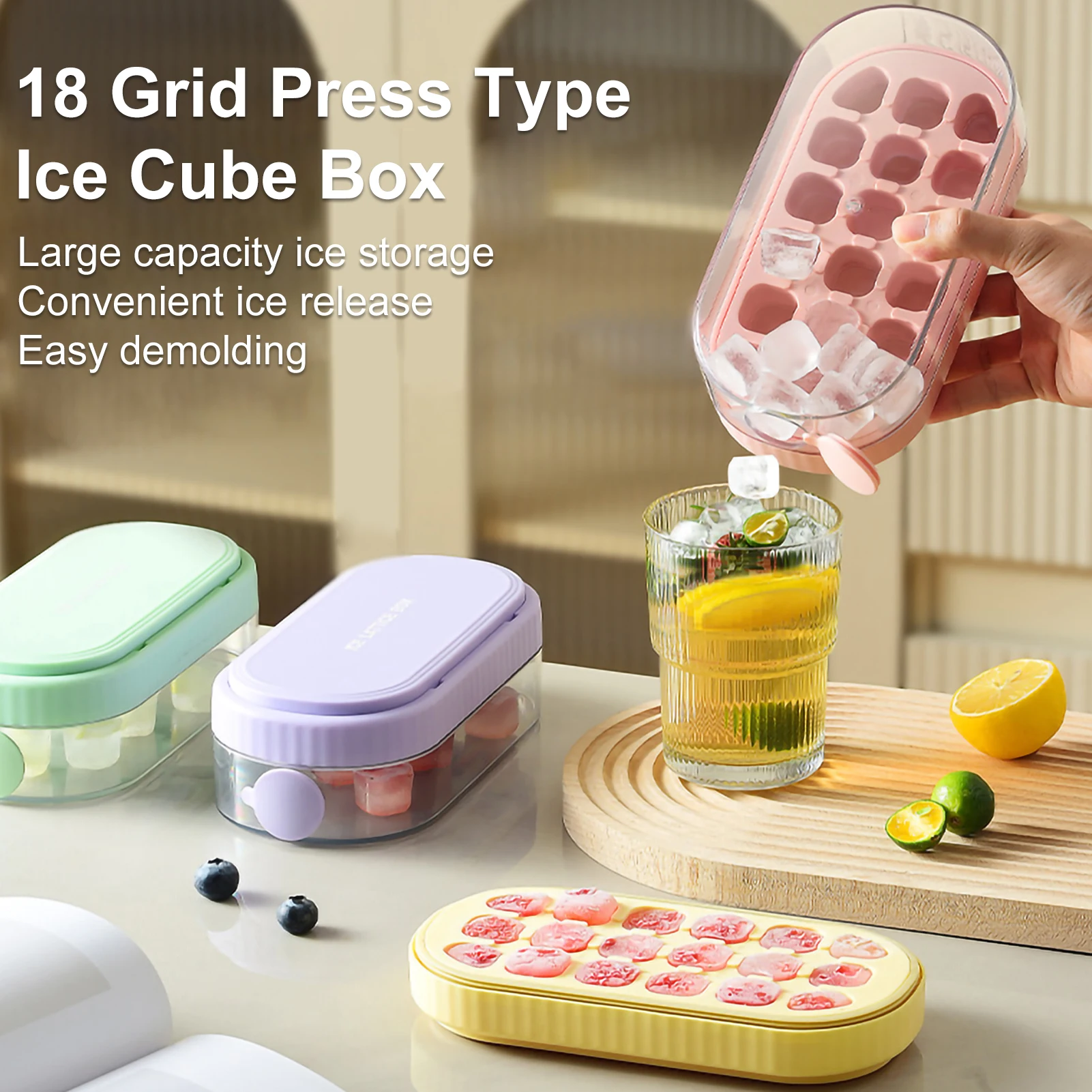 18 Grids Ice Cube Mold Silicone Press Type Ice Cube Tray Storage Box Refrigerator Ice Cube Maker Popsicle Mold Cold Drink Tools