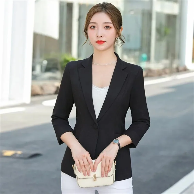 우아한 여성 스트라이프 3/4 슬리브 정장 재킷 2025 봄 여름 얇은 슬림 아웃웨어 싱글 버튼 여성 오피스 블레이저 코트상의