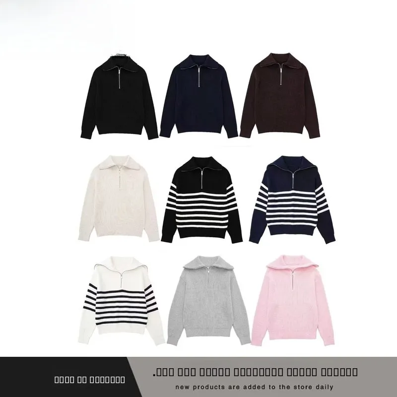 

Осенний новый женский вязаный свитер из смеси шерсти с застежкой-молнией в полоску 2025 Sle, повседневный свободный крой, длинный свек, термополиэстер