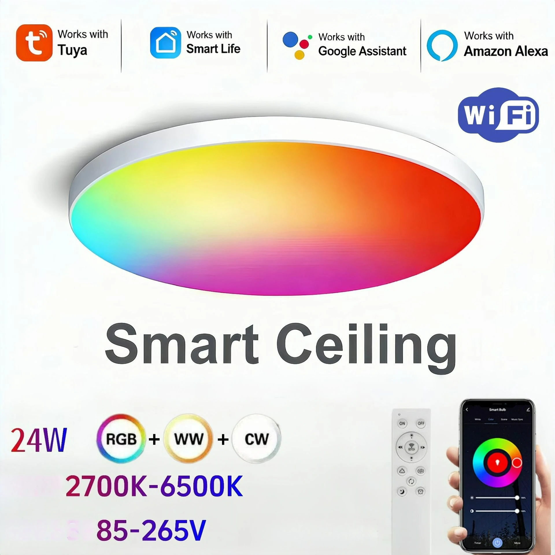 Tuya WiFi Smart RGBCW Round Ceiling Light 85-265V Dimmable Voice Control Alexa Google Bedroom Flush Mount Lamp