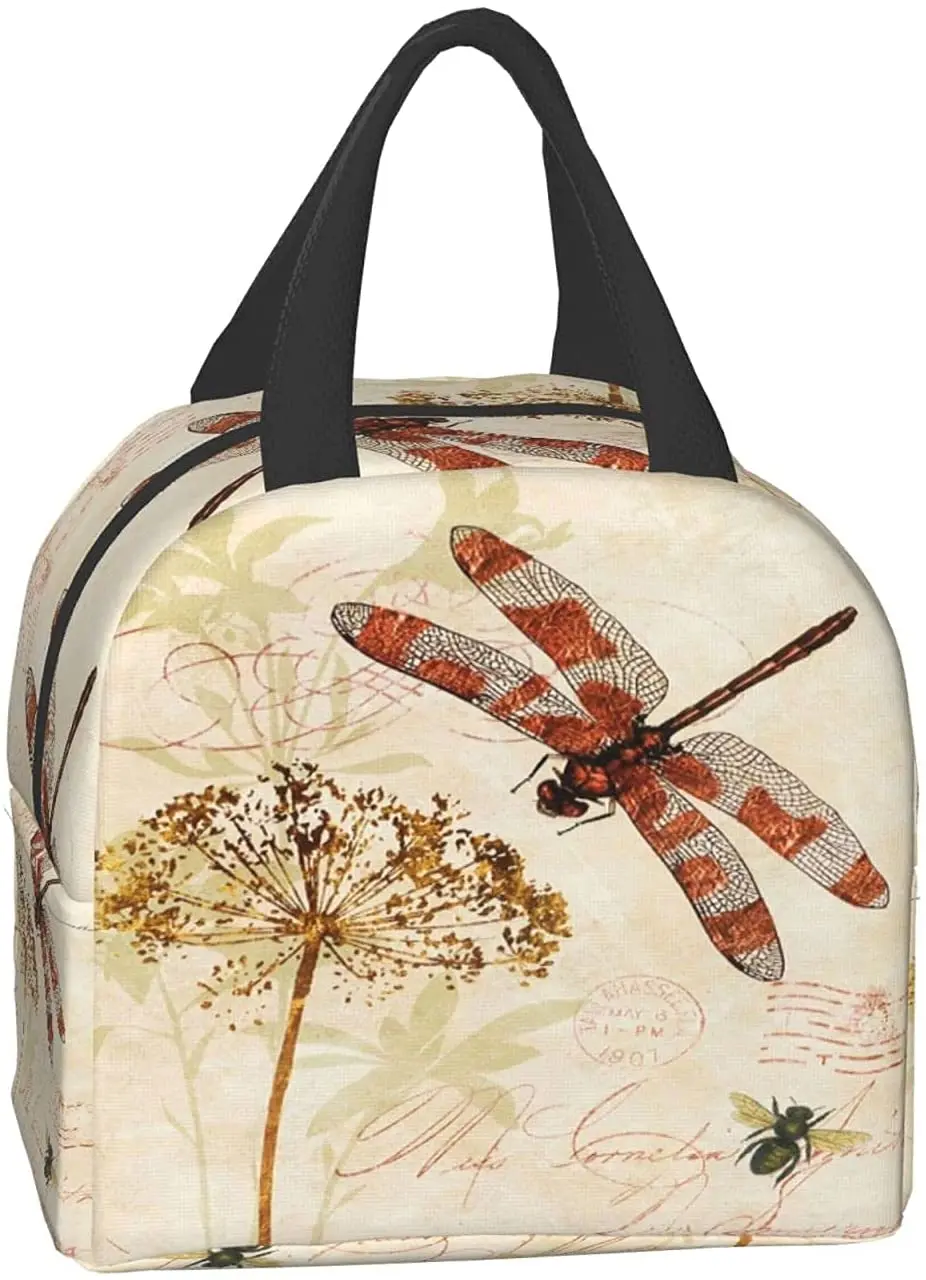 Vintage Leave Dragonfly Insulated Lunch Bag Leakproof Cooler Kids Lunch Box for Men Women Girls Boys Reusable Thermal Tote Bag