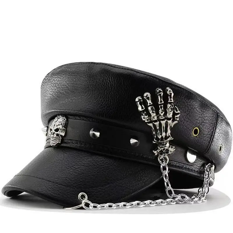 Spice Girl Leopard Print Rivet Leather Buckle Flat Cap American Retro Personality Street Wide Eek Face Small Navy Cap