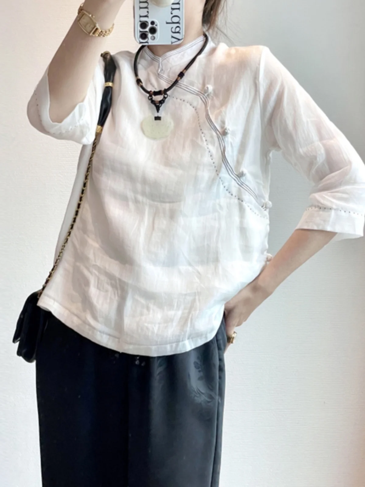 新しい中国風スレ綿麻服女性初秋レトロ仏教禅茶服スモール服麻トップスボタンアップ