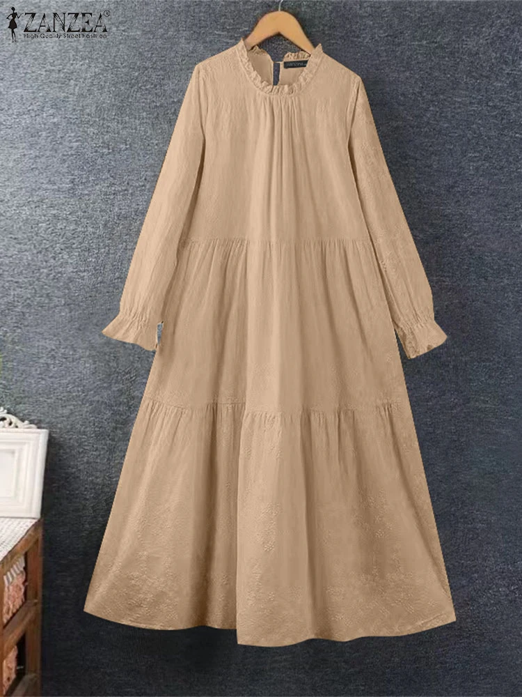 

ZANZEA Retro Style Solid Color Sundress Women Long Sleeve Midi Dress 2024 Casual Stand Collar Vestidos Holiday Femme Sweety Robe