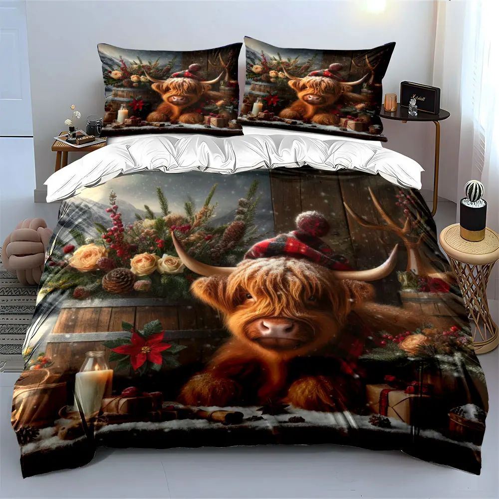 Highland Cow Christmas Decor Soft Skin-Friendly Bedding Set Includes 1 Duvet Cover And 2 Pillowcase, Gift