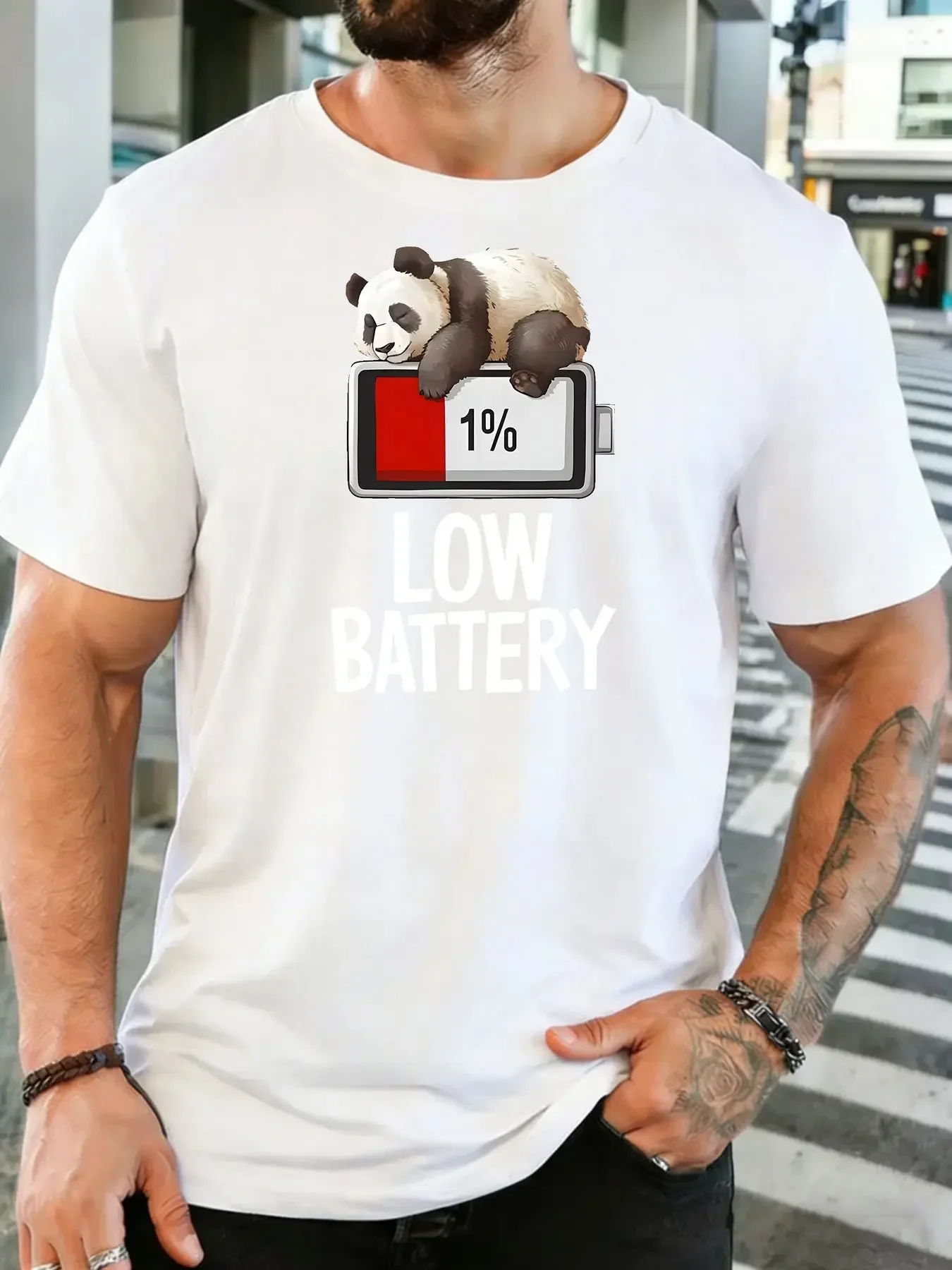 Mens Crew Neck Tshirt Low Battery Tired Panda Power Cell Print Short Sleeve Tee For Funny Panda Fans Daily Relax Casual Outfit