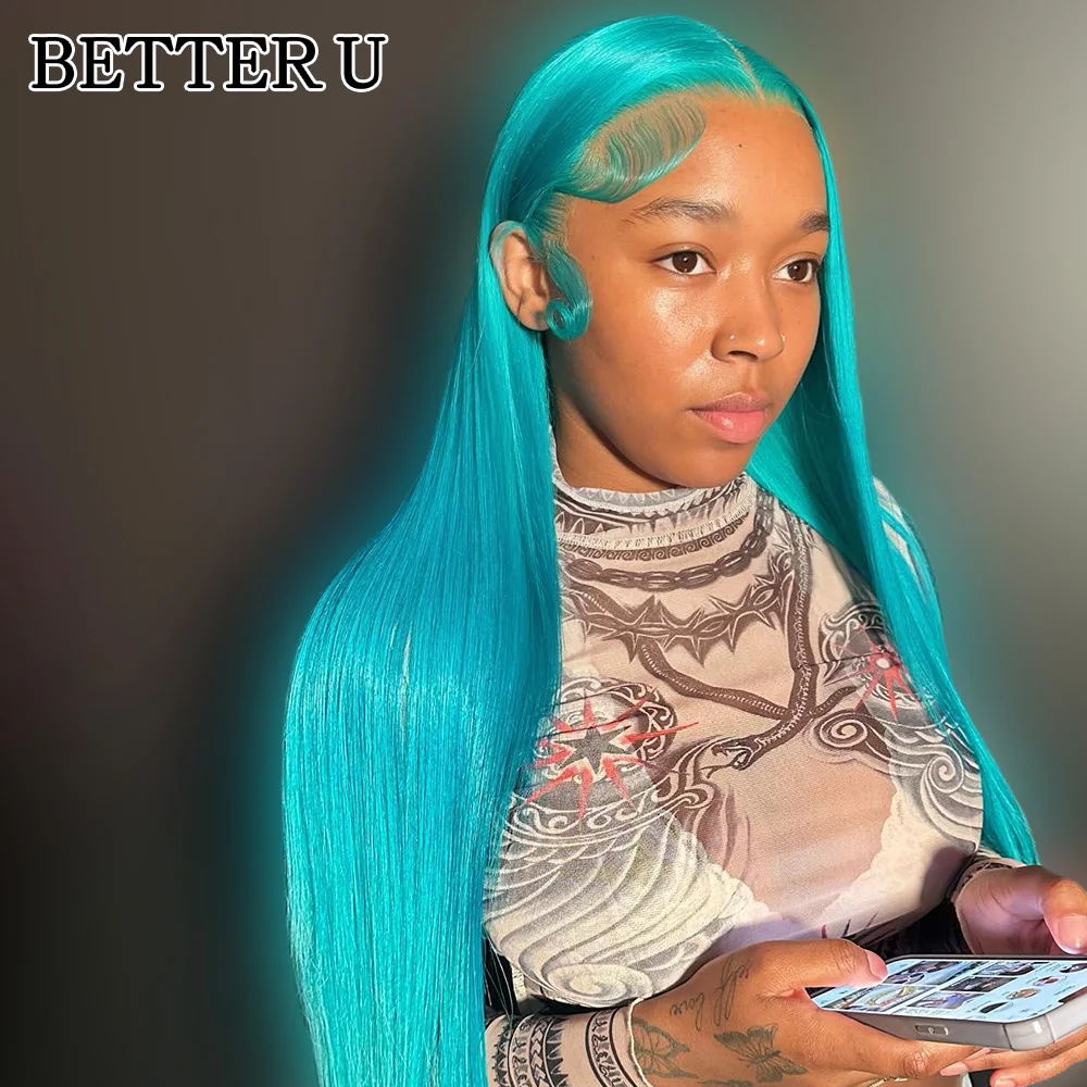 

Straight Raw Human Hair Wig Light Blue Lace Front Wig Pre Plucked Cyan Blue 13x6 13x4 Transparent Lace Frontal Wigs For Women